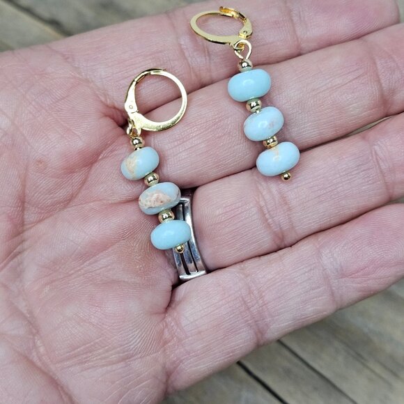 Hand Made Blue Snake Skin Jasper Gold Dangle Earrings - Picture 4 of 4